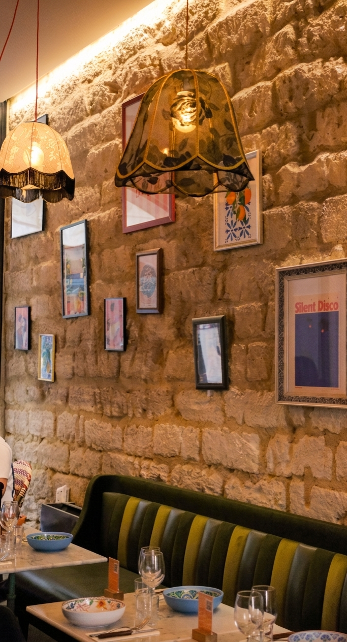 Salle du restaurant Disco Volante : mur en pierre, banquettes et cadres