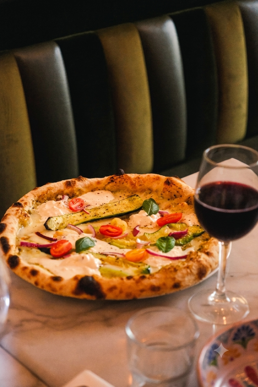 Pizza napolitaine et verre de vin rouge